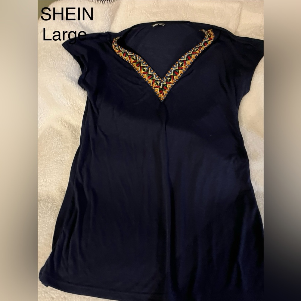 SHEIN Navy Dress with Colorful Embroidery